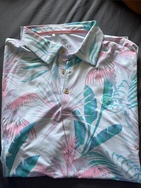 Scales Tropical Palm Print Polo - Pink & Teal